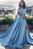 A-line Off-the-Shoulder Satin Glamorous  Long Evening Dress With Slit | promnova.com