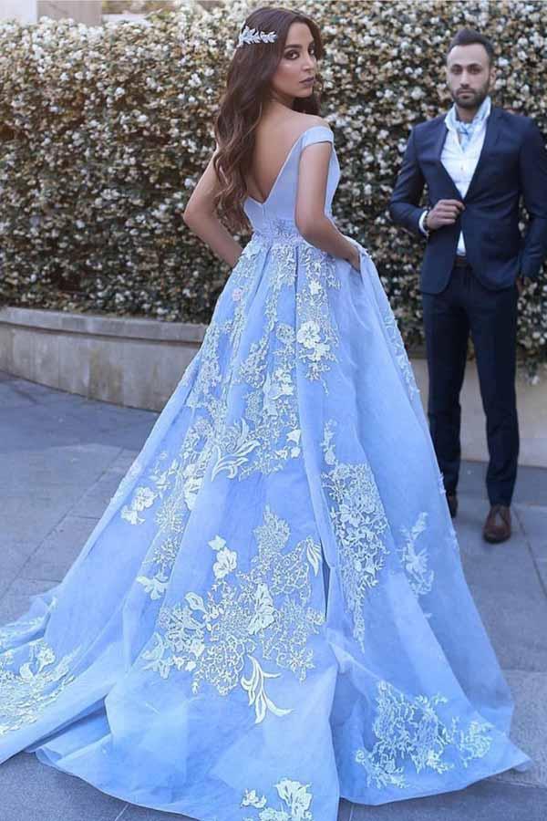 Blue Tulle Ball Gown Off Shoulder Sweep Train Backless Prom Dress | www.promnova.com