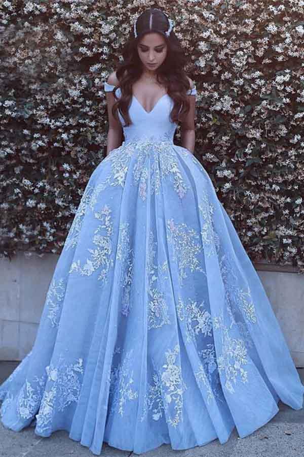 Blue Tulle Ball Gown Off Shoulder Sweep Train Backless Prom Dress US0 / Custom Color
