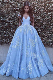 Blue Tulle Ball Gown Off Shoulder Sweep Train Backless Prom Dress| promnova.com