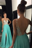 Sexy Open Back V Neck Beaded Chiffon Long Prom Dresses With Leg Slit| www.promnova.com