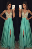 Sexy Open Back V Neck Beaded Chiffon Long Prom Dresses With Leg Slit |promnova.com