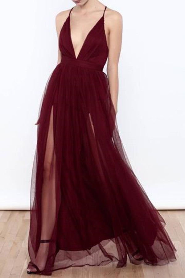 Sexy Backless Burgundy Tulle Deep V Neck  High Slit Prom Dress Evening Dress PL345|promnova.com