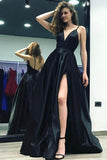 Black Backless Satin Deep V-Neck Split Side Sweep Train Prom Dress PL346 |www.promnova.com