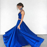 Two Piece Royal Blue Deep V-Neck Satin Prom Dress Evening Dress PL348 |www.promnova.com