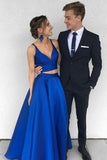 Two Piece Royal Blue Deep V-Neck Satin Prom Dress Evening Dress PL348