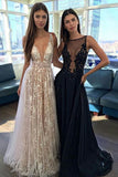 A Line V-neck Backless Long Prom Dresses Sexy Evening Party Dresses|promnova.com