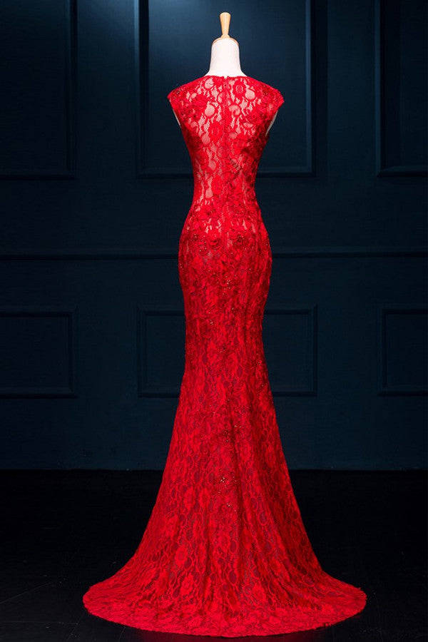 Sexy Red See Through Split Mermaid Long Prom Dress Lace Evening Dresses |www.promnova.com