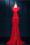 Sexy Red See Through Split Mermaid Long Prom Dress Lace Evening Dresses |promnova.com
