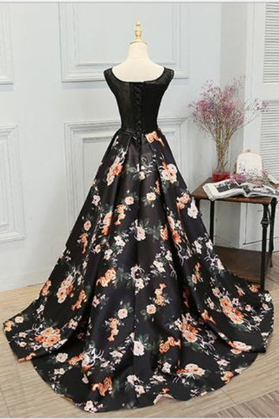 A Line Sleeveless Long Floral Printed Prom Dress Round Neck Evening Dress –  Promnova