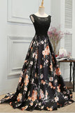 A Line Sleeveless Long Floral Printed Prom Dress Round Neck Evening Dress |promnova.com
