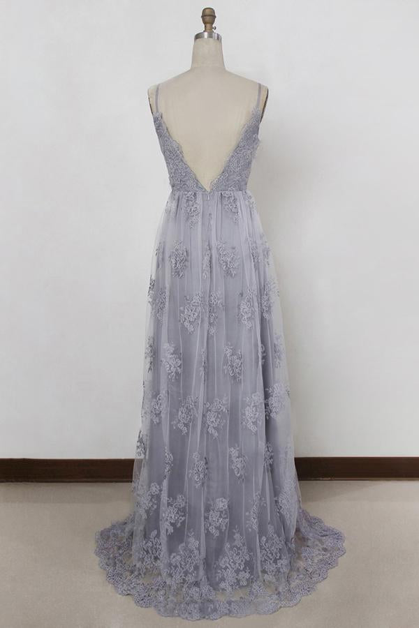 Sweep Train Backless Lavender Tulle with Appliques Sheath Spaghetti Straps Prom Dresses PL355 |www.promnova.com