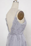 Sweep Train Backless Lavender Tulle with Appliques Sheath Spaghetti Straps Prom Dresses PL355