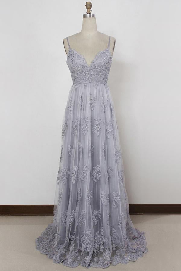 Sweep Train Backless Lavender Tulle with Appliques Sheath Spaghetti Straps Prom Dresses |promnova.com
