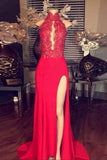 Red Chiffon High Neck Sleeveless Lace Halter Long Slit Prom Dress Evening Dress |www.promnova.com