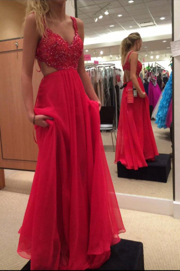 Red Sleeveless Prom Gowns Chiffon Backless Beading Spaghetti Strap Prom Dress |www.promnova.com