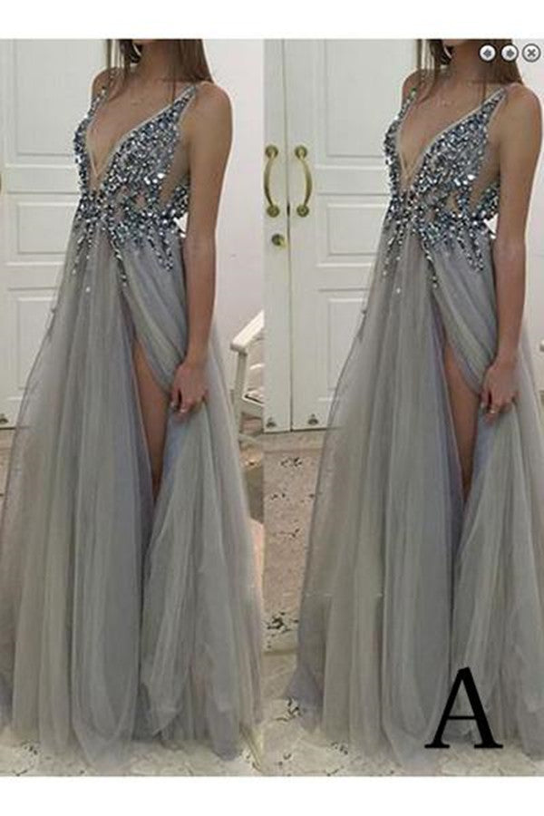 Gray Deep V-neck Side Slit Tulle Sleeveless Prom Dresses With Sequins and Beads |promnova.com