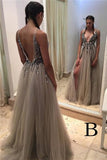 Gray Deep V-neck Side Slit Tulle Sleeveless Prom Dresses With Sequins and Beads |www.promnova.com