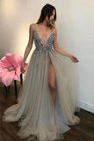 Gray Deep V-neck Side Slit Tulle Sleeveless Prom Dresses With Sequins and Beads PL359 |www.promnova.com