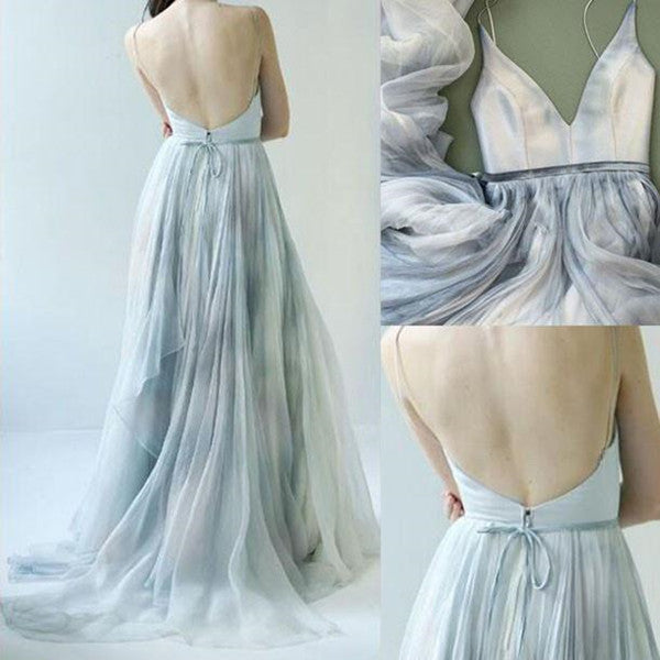 Long Backless V-neck Senior Spaghetti Straps Sleeveless Prom Dress Formal Dresses PL360|www.promnova.com