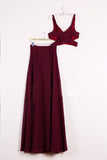 Cheap Two Piece Chiffon A-line Floor-length Burgundy Prom Dresses |promnova.com