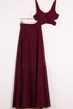 Cheap Two Piece Chiffon A-line Floor-length Burgundy Prom Dresses PL362