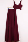 Cheap Two Piece Chiffon A-line Floor-length Burgundy Prom Dresses|www.promnova.com