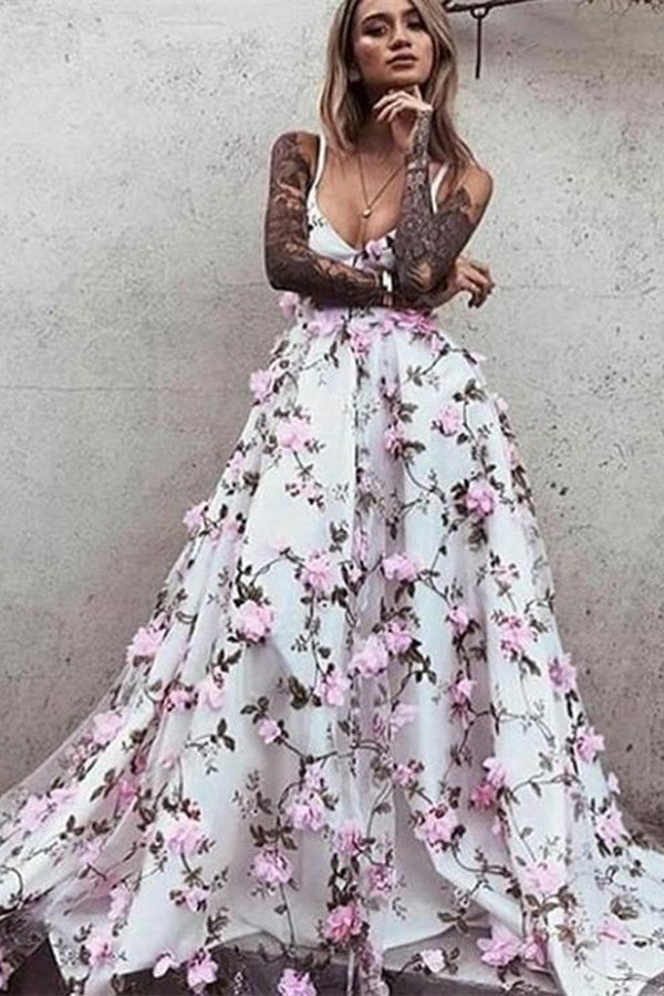 White Lace Floral Princess A Line V Neck Backless Long Prom Dresses, P