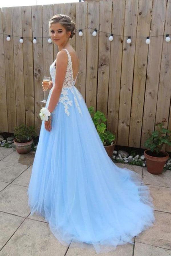 Elegant A line V neck Blue Backless Tulle Lace Long Prom Dresses Formal Dresses |promnova.com