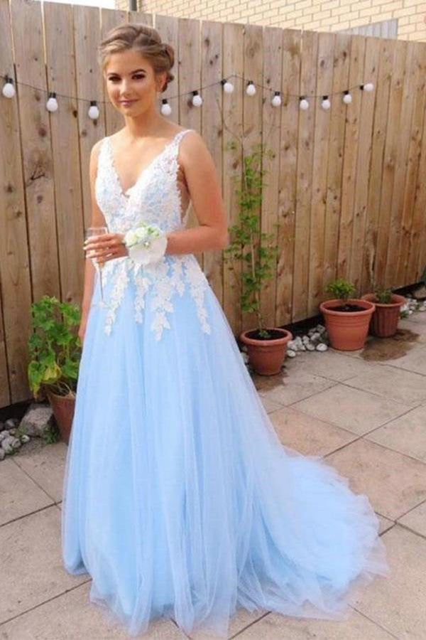 Elegant A line V neck Blue Backless Tulle Lace Long Prom Dresses