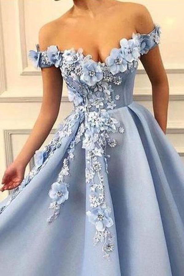 Beautiful Sky Blue Satin Off Shoulder Flower Appliques Long Prom Dresses PL366 |promnova.com