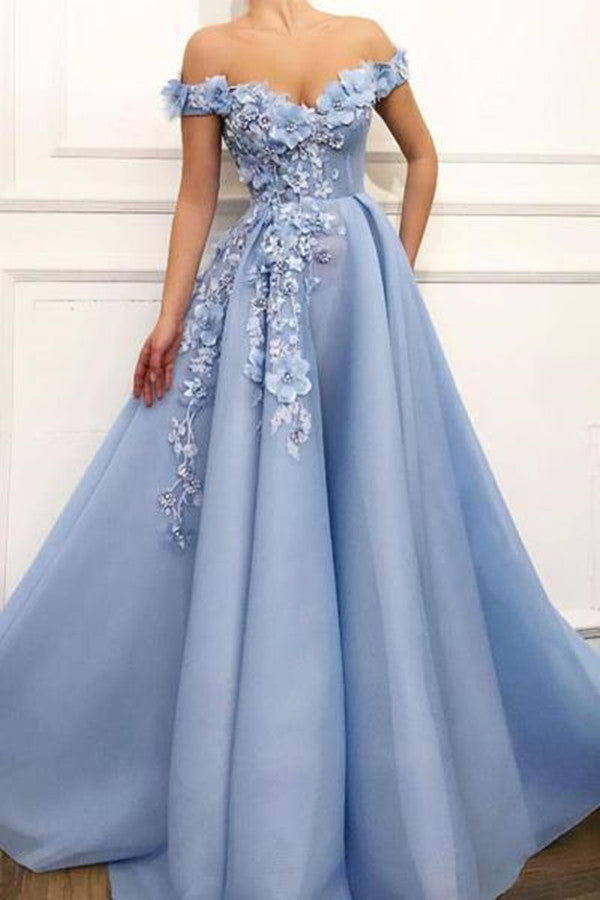 Beautiful Sky Blue Satin Off Shoulder Flower Appliques Long Prom Dresses – Promnova