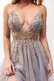 Sexy Tulle V Neck Spaghetti Straps Beaded Long Prom Dresses PL367 |promnova.com