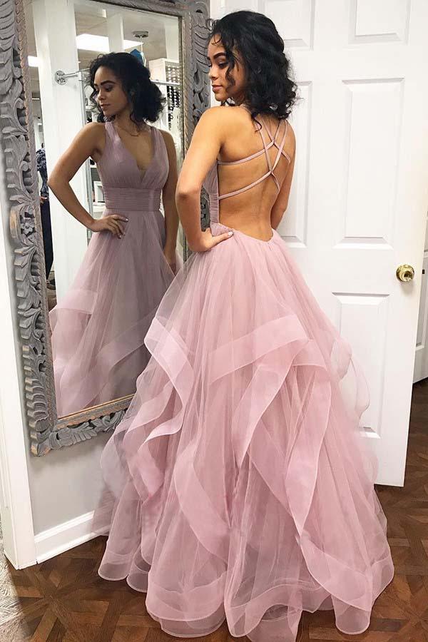 Sexy Tulle Pink Ruffled Long Prom Dress with Criss Cross Back Promnova Sexy Tulle Pink Ruffled Long Prom Dress with Criss Cross Back Promnova