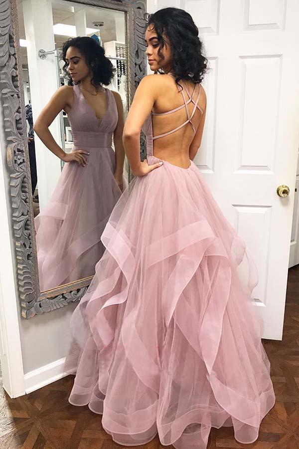 Sexy Tulle Pink Ruffled Long Prom Dress with Criss Cross Back|www.promnova.com