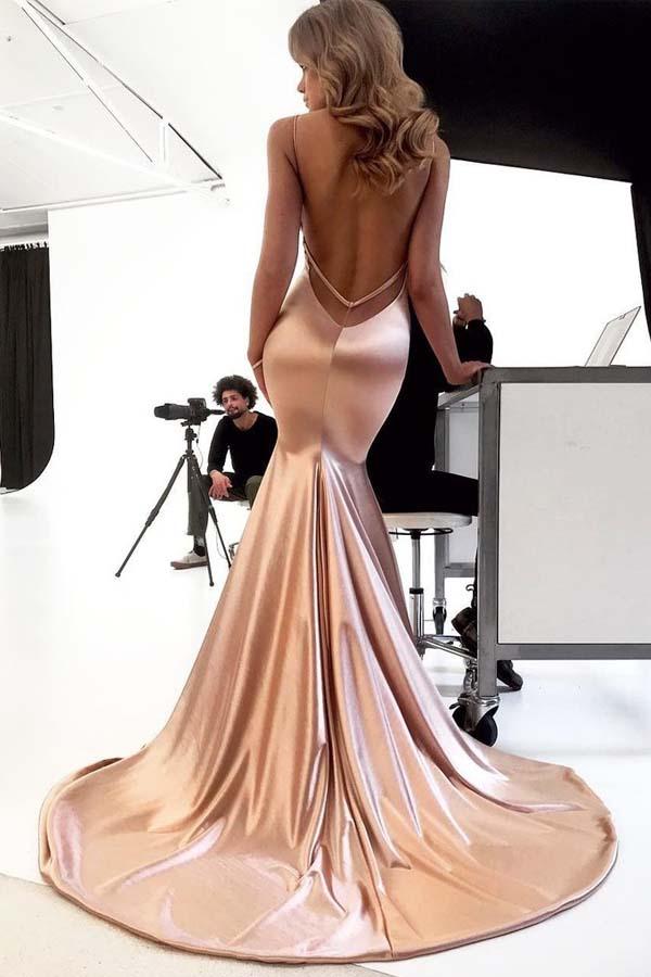 Mermaid Elegant Spaghetti Straps Long Bridesmaid Backless Prom Dresses PL369 US12 / Custom Color Mermaid Elegant Spaghetti Straps Long Bridesmaid Backless Prom Dresses PL369 US12 / Custom Color