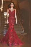 Sweep Train Mermaid Sequins Glamorous Burgundy Prom Dress With Appliques PL370