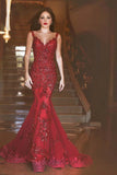 Sweep Train Mermaid Sequins Glamorous Burgundy Prom Dress With Appliques|www.promnova.com