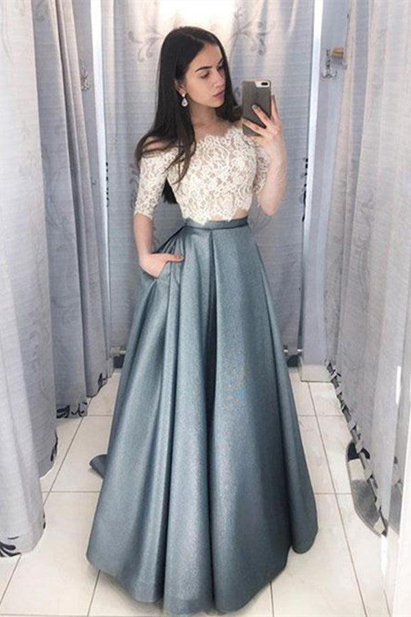 Two piece off clearance shoulder prom dress