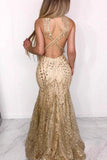 Sexy Gold Mermaid Neck Ruffles Long Prom Dress Evening Dress PL374|promnova.com
