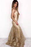 Sexy Gold Mermaid Neck Ruffles Long Prom Dress Evening Dress |www.promnova.com