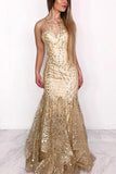 Sexy Gold Mermaid Neck Ruffles Long Prom Dress Evening Dress PL374