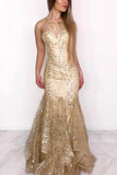 Sexy Gold Mermaid Neck Ruffles Long Prom Dress Evening Dress |www.promnova.com