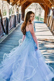 Off Shoulder Blue Ruffles Charming Strapless Long Prom Dress with Appliques |promnova.com