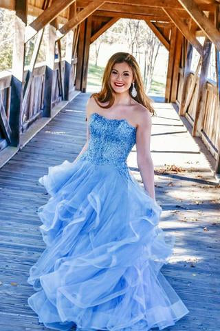 Off Shoulder Blue Ruffles Charming Strapless Long Prom Dress with Appliques |www.promnova.com