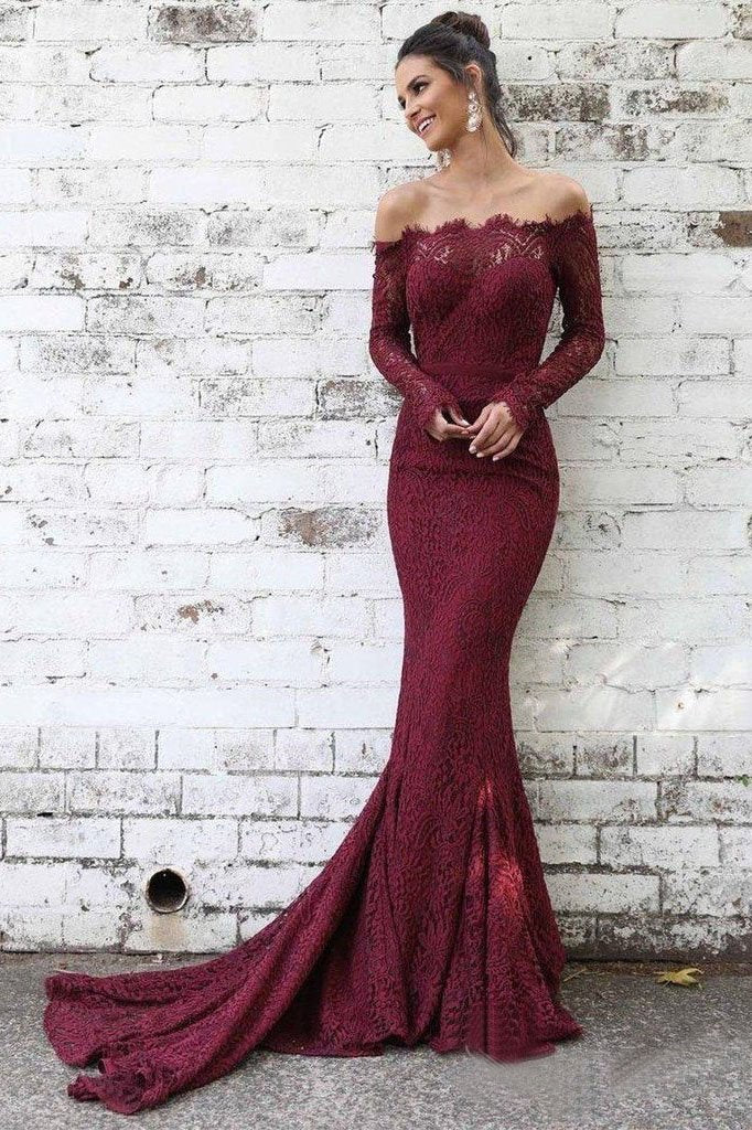 long sleeve off the shoulder prom dress Lace Maroon Mermaid Long Sleeve Off the Shoulder Prom Dresses Evening Dress US18W / As Picture