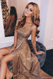 A-Line Backless Sequined Spaghetti Straps Prom Dress with Split |www.promnova.com