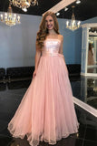 Pink Tulle A-Line Strapless Off Shoulder Floor-Length Prom Dress with Belt PL379