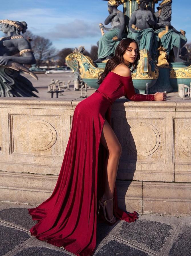 Chiffon Burgundy Long Sleeves Off Shoulder Elegant Prom Dress with Split Promnova Chiffon Burgundy Long Sleeves Off Shoulder Elegant Prom Dress with Split Promnova
