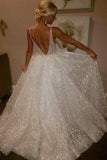 V-neck Backless Ivory Sparkly Sleeveless Floor-length Party Dress Prom Dresses PL381|promnova.com